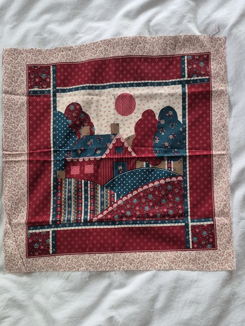 Quilted Farmhouse Scenery Print Square - Red & Blue 17"x17"